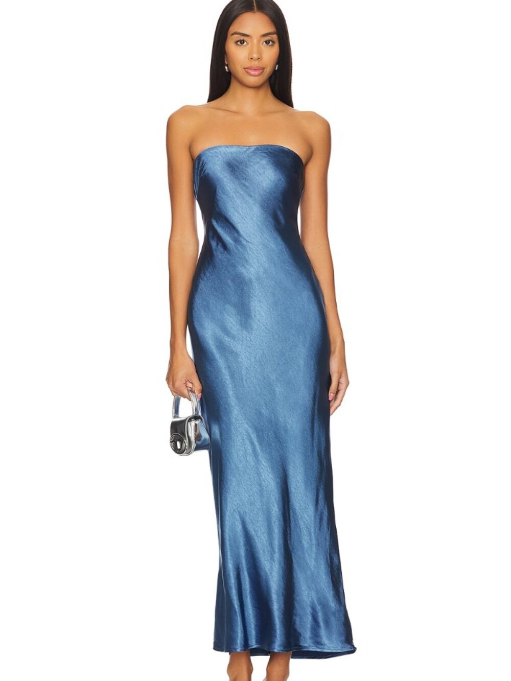 MORE TO COME Emma Strapless Maxi Dress in Navy blue satin silk flowy gown